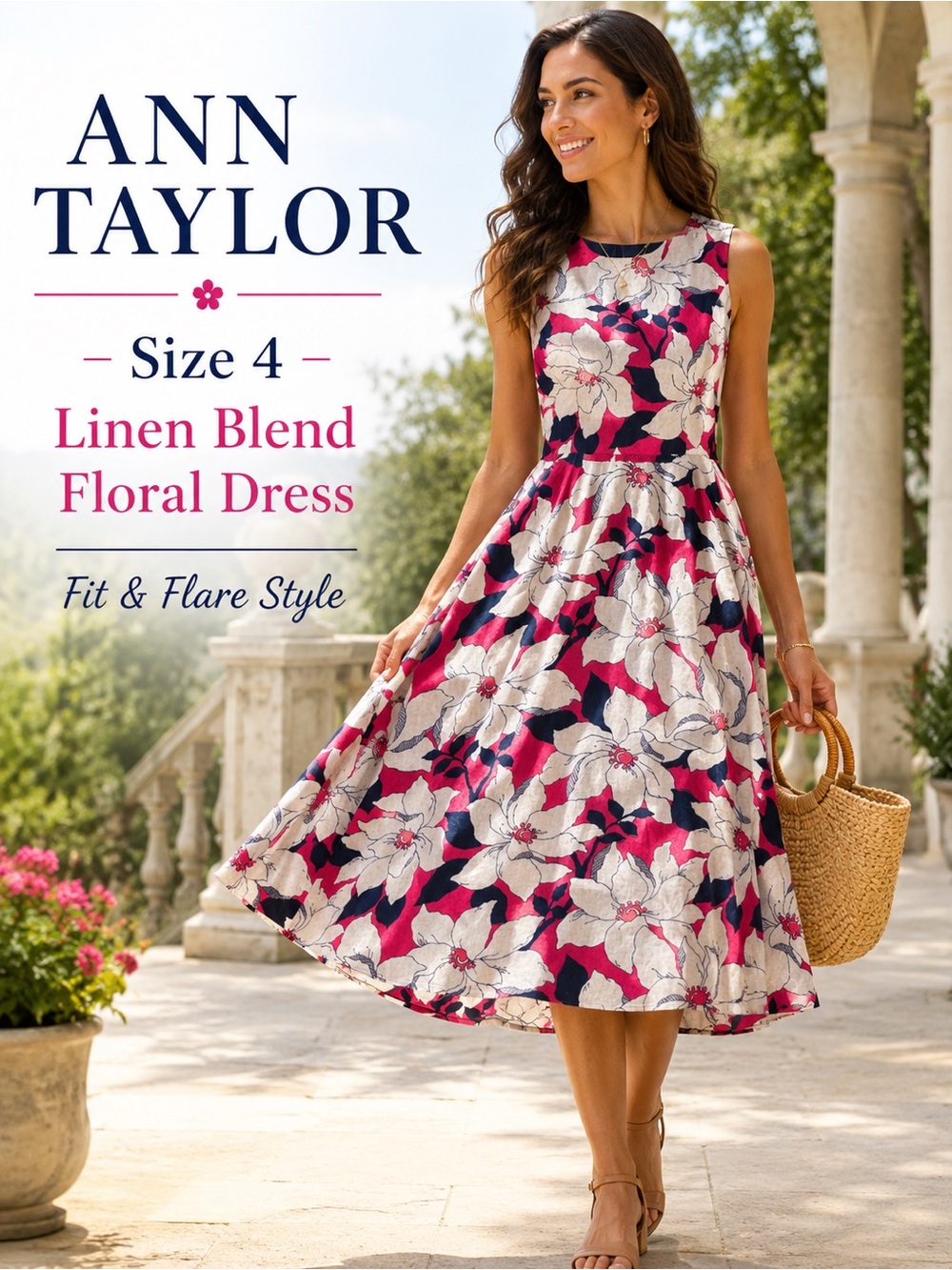 Ann Taylor Linen Blend Floral Fit & Flare Dress Size 4 Pink Navy Sleeveless